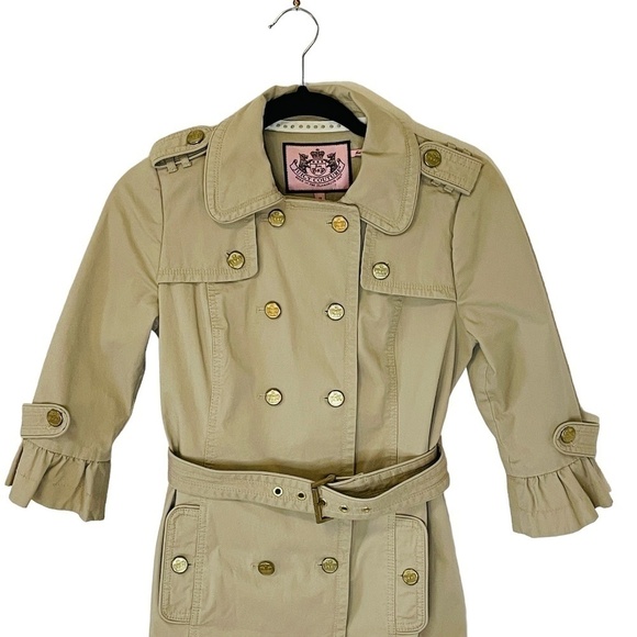JUICY Couture Tan Trench Cotton Y2K Double Breasted Neutral Trench Coat SZ S - Picture 8 of 12